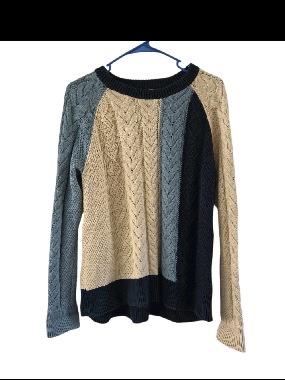 LL Bean Sweater Womens Medium Cream Colorblock Signature Cable Knit Fisherman